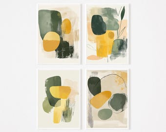 Conjunto de Arte de Parede Abstrata - Impressões Boho em Verde e Amarelo Mostarda (Download Digital) | Decoração Minimalista Moderna