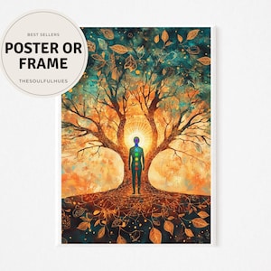 May include: An artistic poster or framed print featuring a vibrant illustration of a tree with a human figure at its center. The artwork showcases warm orange and teal tones, with the text "POSTER OR FRAME" and "THESOULFULHUES" in a circular design.