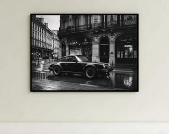 Porsche 911 Paris Wall Art | Black & White Car Photography | Vintage Automotive Print | Classic City Decor | Retro Luxury Digital Download