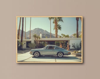 Palm Springs Porsche Wall Art – Classic Silver Porsche 911 Print | Mid-Century Modern Car Wall Decor for Home, Garage & Office