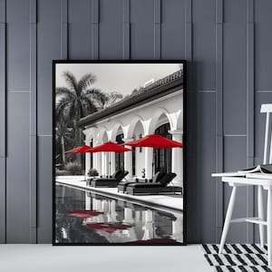 Black & White Poolside Wall Art – Luxury Villa Photography Print | Red Umbrella Modern Decor