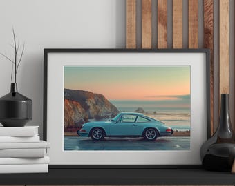 Teal Porsche 911 Wall Art | Vintage Coastal Print | Mid-century