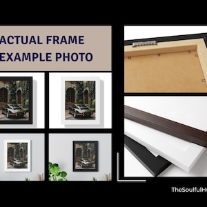 May include: Image showcasing framed art prints with various frame styles: black, white, and dark wood. The prints feature a classic car parked in front of a building. The text "ACTUAL FRAME EXAMPLE PHOTO" is visible.