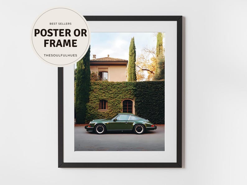 Elegant photograph of a green Porsche 911 parked in front of an ivy-covered Italian villa with cypress trees — luxury car wall art print.
