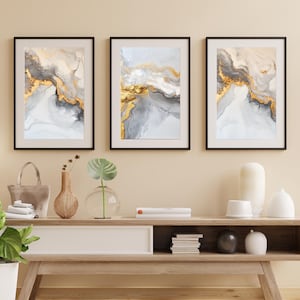 Minimalist Triptych in White & Gold - Digital Art Download | Stylish Abstract Pour Painting Home Decor Set