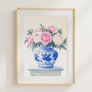 Chinoiserie Peony Vase Wall Art - Blue & White Floral Print (Digital Download) | Elegant Botanical Decor