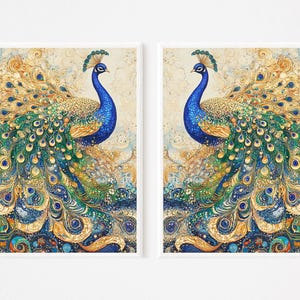 Peacock Wall Art Print - Gold Leaf & Jewel Tone Decor | Elegant Vintage Bird Illustration