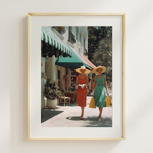 Vintage Shopping Scene – Chic Women in Colorful Dresses Wall Art, Palm Beach Style Photography, Old Money WallArt, Vintage Photography Print