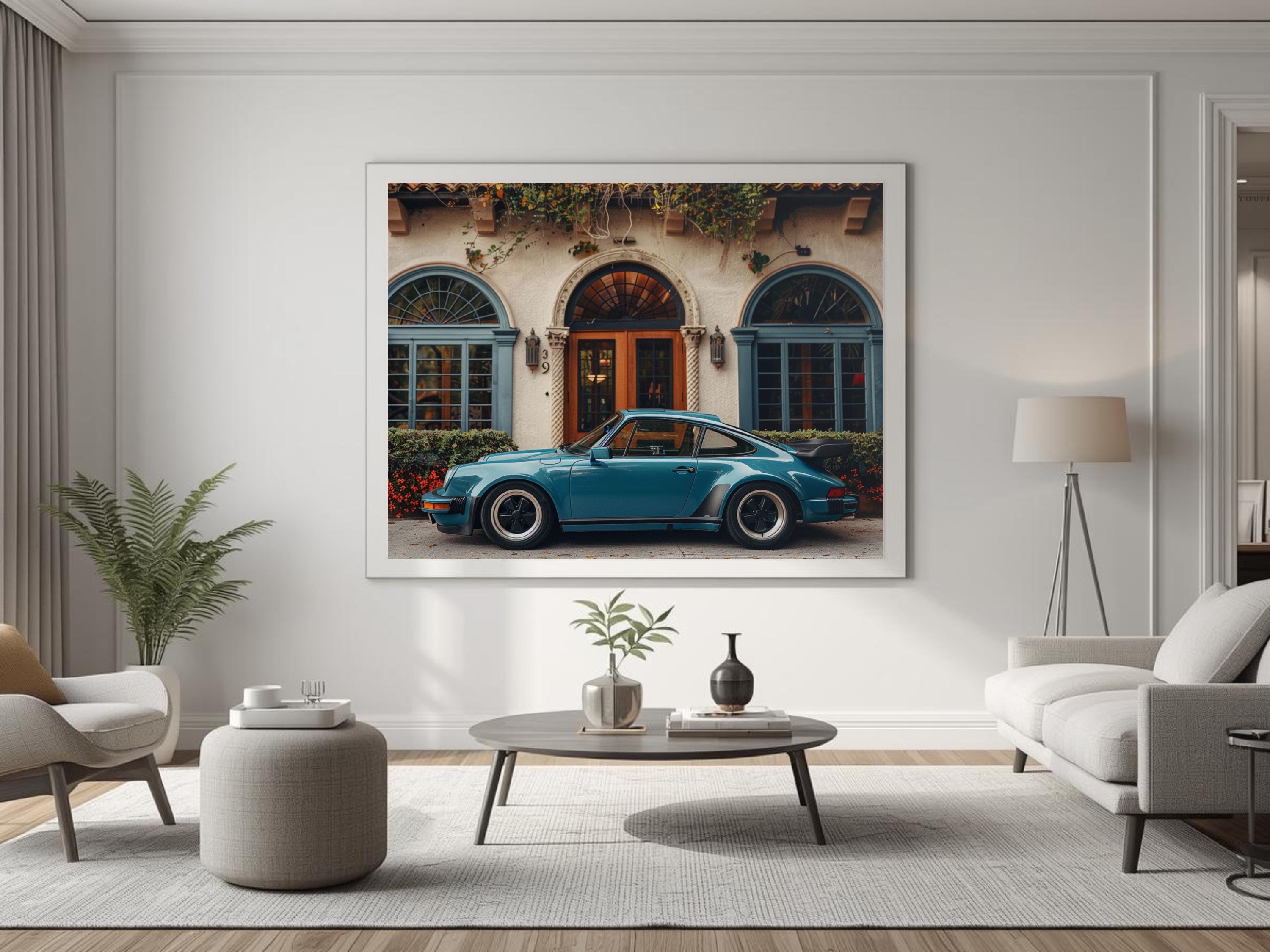 Teal Porsche 911 Wall Art Print | Blue Classic Car Spanish Villa