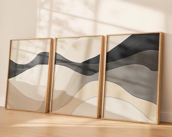Tríptico abstracto neutro para pared - Conjunto de lienzos minimalistas Japandi / Decoración moderna de 3 paneles