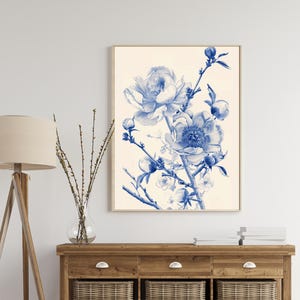 Blue Floral Botanical Art Print, Chinoiserie Wall Decor, Elegant Blue and White Flower Poster, Chinoiserie Floral Print Blue White Vase