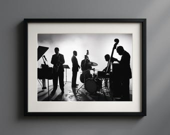 May include: Black and white framed print featuring a jazz band in silhouette. The musicians are playing a saxophone, double bass, drums, and piano. The image is set against a bright background, creating a dramatic contrast.
