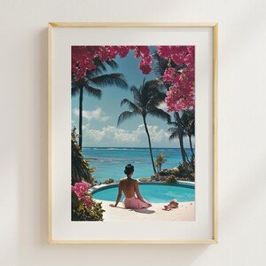 Slim Aarons-Inspired Tropical Pool View Print – Retro Coastal Glam Wall Art, Pink Floral Paradise, Digital Download | Vintage Luxury Decor