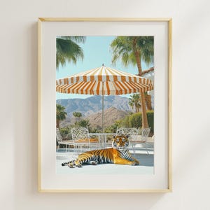 Retro Poolside Cabana with Umbrella – Slim Aarons-Inspired Art Print – Midcentury Print | Palm Springs Tigers Pool Art | Retro Tigers print