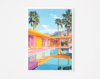 Art mural au bord de la piscine de Palm Springs - impression d'architecture de villa rétro (téléchargement numérique) | Décoration d'été audacieuse
