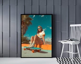 Art mural patineuse rétro | Impression d'été californien | affiche de photographie vintage | Décoration de plage bohème | Téléchargement numérique