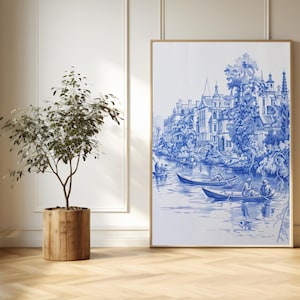 Chinoiserie River Scene Art Print, Blue and White Boating Wall Art, Vintage Landscape Decor, Blue and White Nature Decor