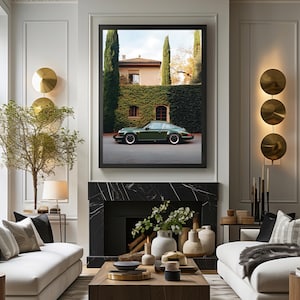 Elegant photograph of a green Porsche 911 parked in front of an ivy-covered Italian villa with cypress trees — luxury car wall art print.