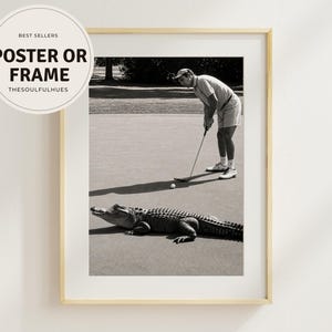 Vintage Golf Alligator Wall Art Print, Funny Golf Decor, Black and White Photography, Retro Sports Poster, Man Cave Wall Art