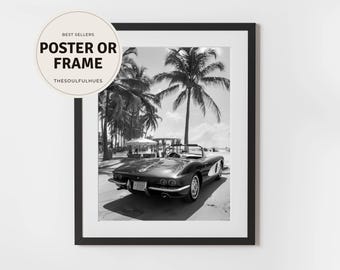 Vintage Corvette C3 Wall Art | Classic Black & White Sports Car Print | Retro Man Cave Room Decor | Framed Poster Ready to Hang