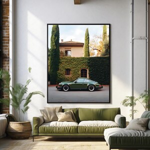 Elegant photograph of a green Porsche 911 parked in front of an ivy-covered Italian villa with cypress trees — luxury car wall art print.