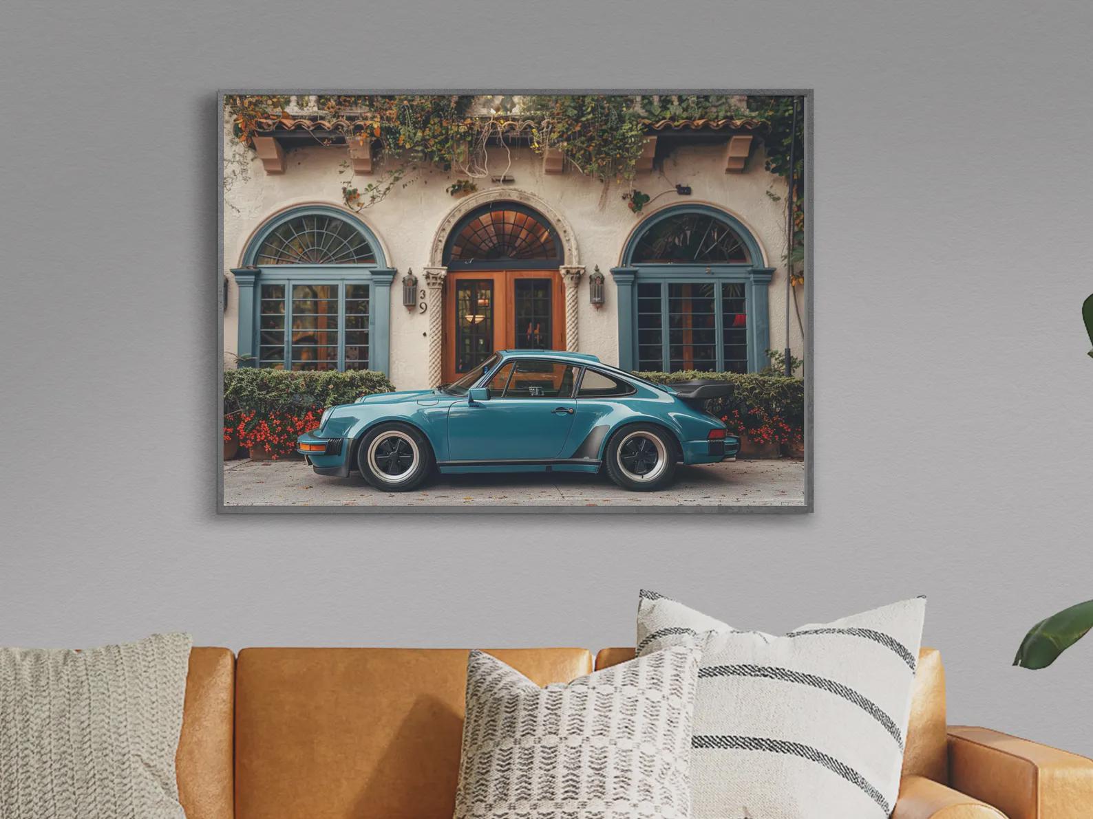 Teal Porsche 911 Wall Art Print | Blue Classic Car Spanish Villa