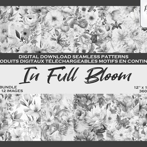 Fleurs Noir et Blanc, Jardin, Nature Ensemble de motifs digitaux, Fichier numérique, Papier digital, Motifs répétés, Scrapbook, Tissu, Fond