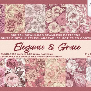 Fleurs Romantiques Roses Botanique Ensemble di motivi digitali, Fichier numérique, Carta digitale, Motivi ripetuti, Scrapbook, Motivi in tessuto