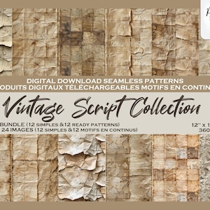 Vintage Paper, Script, Calligraphy Digital Paper, Seamless Pattern Bundle, Printable Paper for Scrapbook, Background, Fabric, Repeat Pattern