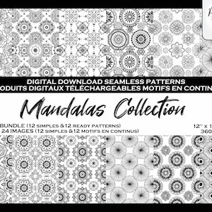 Mandalas black and white Digital Paper, Seamless Pattern Bundle, Printable Paper Scrapbook, Background, Fabric,Clipart, Repeat Pattern