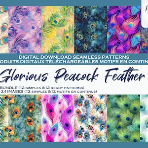 Plumes Paon Colorées Ensemble de motifs digitaux, Fichier numérique, Papier digital, Motifs répétés, Produit téléchargeable, Scrapbook,Tissu