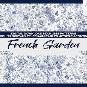 Jardin Francais, Monochrome, Floral Vintage Papillon Ensemble de motifs digitaux, Fichier numérique, Papier digital, Motif répété, Scrapbook