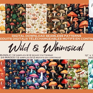 Champignons Sauvage Foret Bois Vintage Ensemble di motivi digitali, Fichier numérique, Papier digital, Motifs répétés, Scrapbook, Tissu