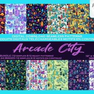 Arcade Neon Jeux Video Villes colorées Ensemble de motifs digitaux, Fichier numérique, Papier digital, Motifs répétés, Scrapbook, Tissu