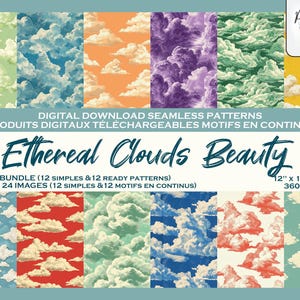 Blue Sky and clouds, sun Digital Paper, Seamless Pattern Bundle, Printable Paper for Scrapbook, Background, Fabric, Clipart, Repeat Pattern