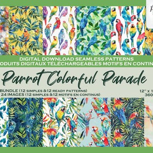 Perroquets Colorés Insieme di motivi digitali, Fichier numérique, Papier digital, Motifs répétés, Produit téléchargeable, Scrapbook,Tissu