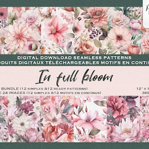 Fleurs roses Aquarelle Romantique Insieme di motivi digitaux,Fichier numérique, Papier digital, Motifs répétés, Scrapbook, Tissu modifications