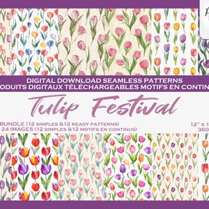 Fleurs Tulipes Ensemble de motifs digitaux, Fichier numérique, Papier digital,  Motifs répétés, Produit téléchargeable JPEG, Scrapbook,Tissu