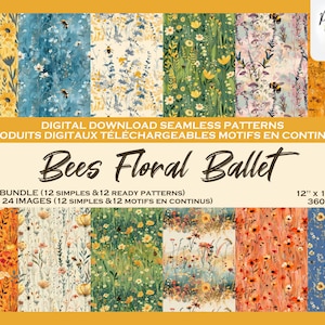 Abeille Fleur Miel Floral Ensemble de motifs digitaux, Fichier numérique, Papier digital, Motifs répétés, Papier Scrapbook, Tissu, Texture