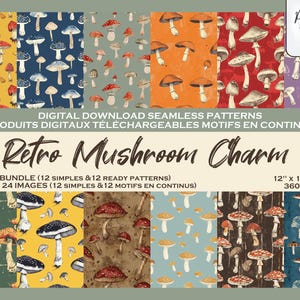 Champignons Retro Ensemble di motivi digitali, Fichier numérique, Papier digital, Motifs répétés, Produit téléchargeable, Scrapbook, Fond