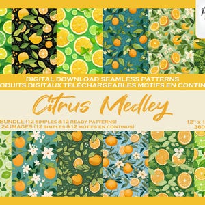 Agrumes Citron Lime Orange Fruits Feuilles Ensemble de motifs digitaux,Fichier numérique, Papier digital, Motifs répétés, Scrapbook, Tissu