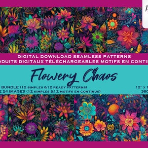 Fleur colorée Néons Floral Lumineux Ensemble de motifs digitaux, Fichier numérique, Papier digital, Motifs répétés, Scrapbook, Tissu motifs
