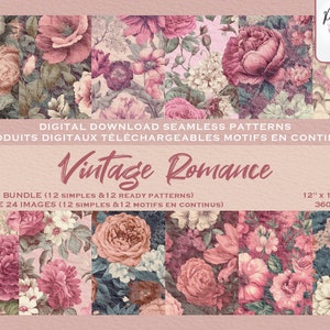 Fleur Vintage Jardin Floral Botanique Ensemble de motifs digitaux, Fichier numérique, Papier digital, Motifs répétés, Scrapbook,Tissu motifs