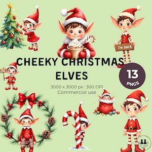 May include: A digital illustration of Christmas elves in red and white outfits, with a Christmas tree, candy canes, and a wreath. The image includes the text "CHEEKY CHRISTMAS ELVES" and "13 PNGS".