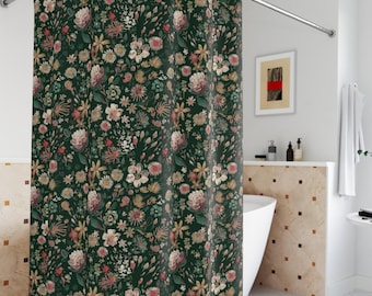 Cottagecore Floral Shower Curtains - Botanical Shower with Dark Floral Art Deco, Bohemian Bath and Vintage Floral Bathroom Decor, Botanical