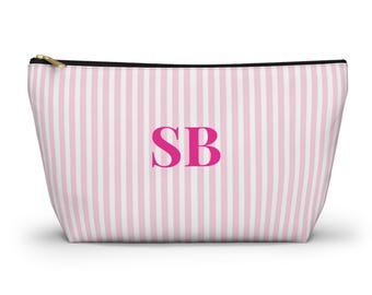 Pochette per accessori a righe personalizzata, in tela color crema, con monogramma e ombretto, borsa per il trucco personalizzata, regalo per damigella d'onore personalizzato, regali per feste di nozze