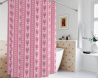 Colorful Lobster Shower Curtain Boho Shower Curtain Fabric Tropical Bathroom Decor Mediterranean Pink Shower Curtain Botanical Coastal Aesth
