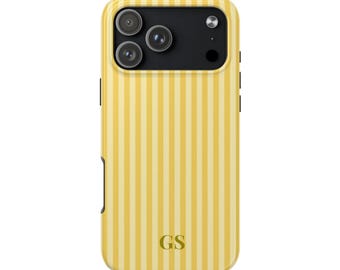 パーソナライズされた黄色の携帯ケース、カスタムモノグラムiPhoneケース、美しい黄色のストライプの携帯ケース、夏の海岸風携帯ケース、プレッピーな携帯ケース
