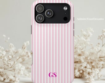 Personalized Pink Phone Case iPhone 17 16 15 14 13 Case Custom Monogram iPhone Case Aesthetic Pink Striped Phone Case Summer Coastal Case
