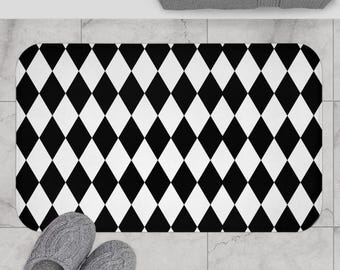 Schwarz Weiß Harlekin Diamant Badematte | Schachbrett geometrisches Muster
